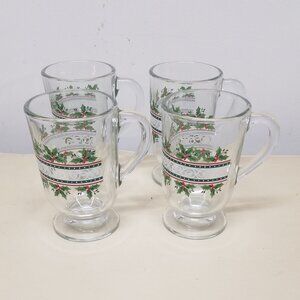 Libbey Glass Set of 4 Holly Berry & Ribbon Motif Irish Coffee Pedestal Mugs